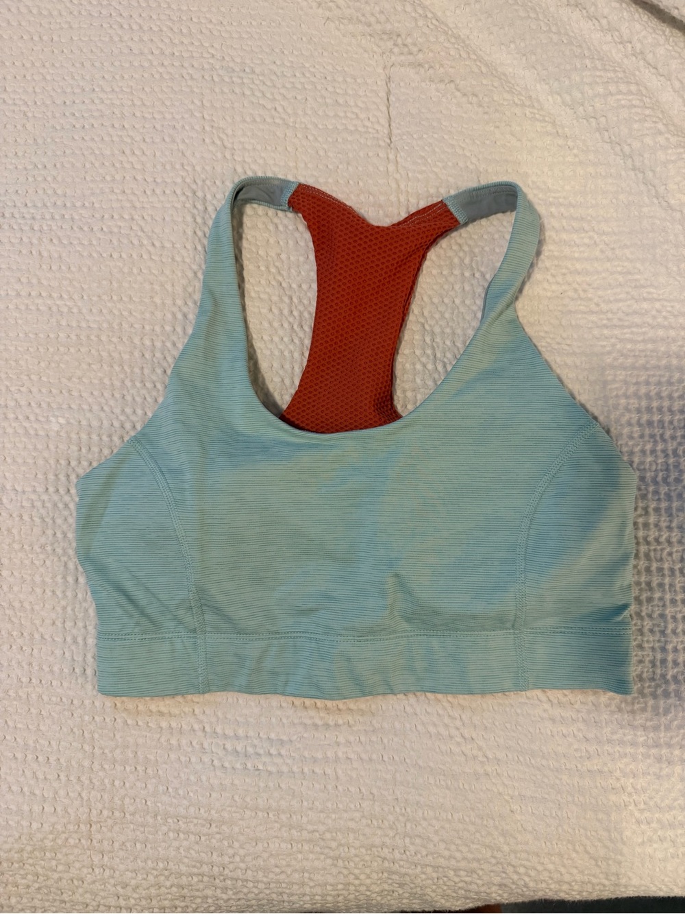 Outdoor Voices Aqua Sports Bra with Orange Mesh Racerback